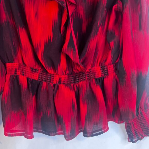 Calvin Klein Abstract Red Ruffle Vneck Peplum Waist Blouse Dressy Bold Size LG - Picture 4 of 10
